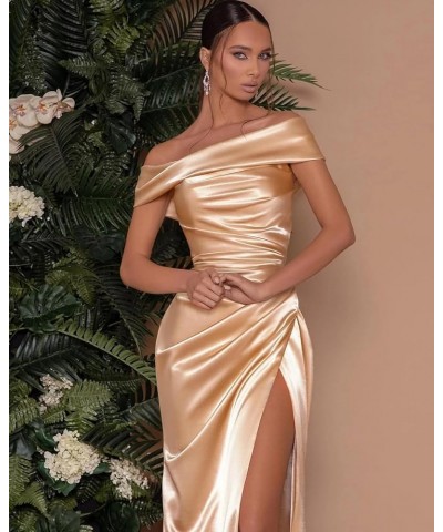 Mermaid Satin Prom Dresses Long Off The Shoulder Bridesmaid Dress with Slit Formal Gowns Turquoise $27.30 Dresses