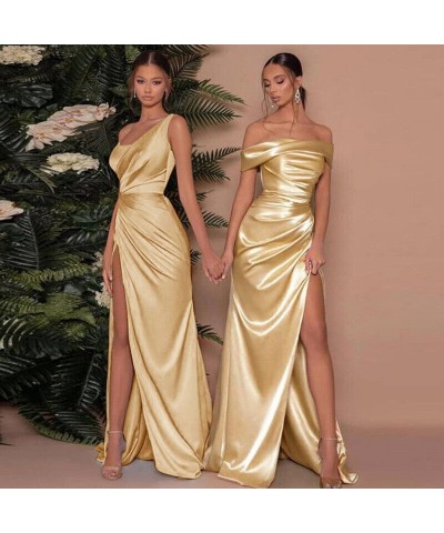 Mermaid Satin Prom Dresses Long Off The Shoulder Bridesmaid Dress with Slit Formal Gowns Turquoise $27.30 Dresses