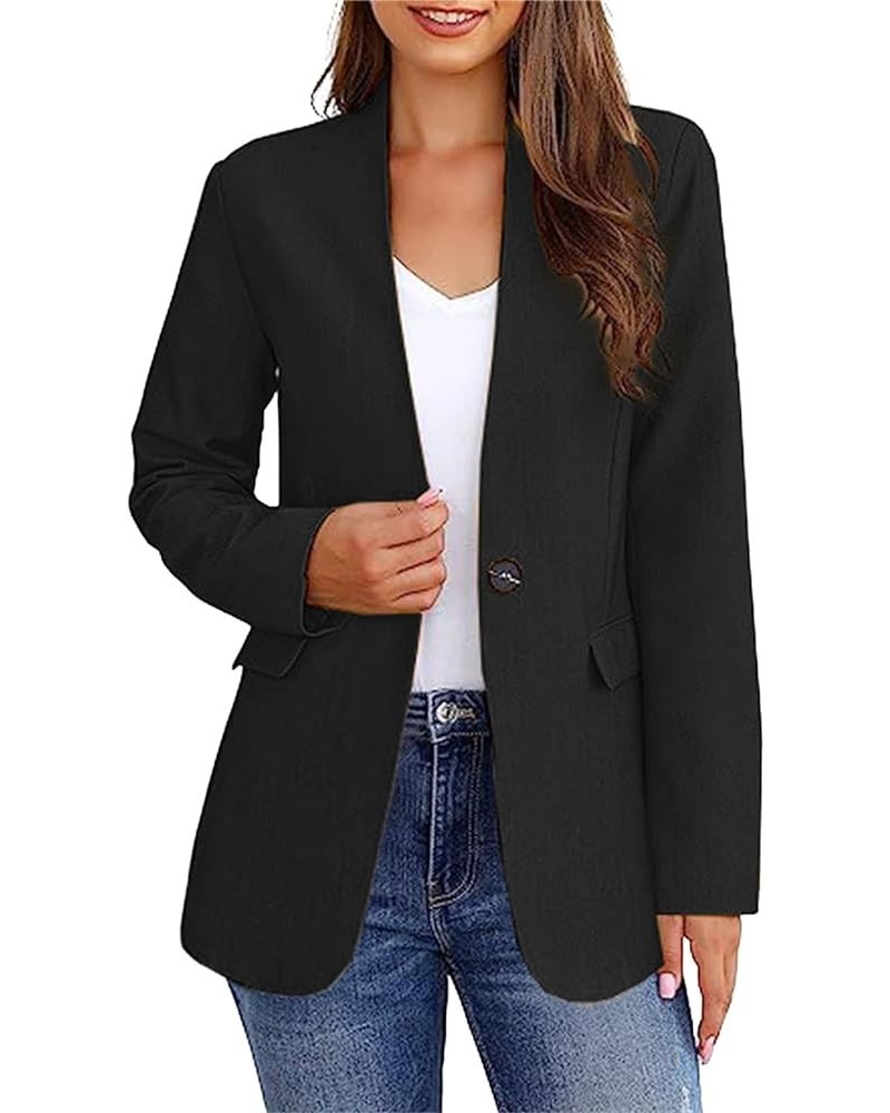 Womens Bussiness Casual Blazers Lapel Button Open Front Blazer Jacket Solid Long Sleeve Suite Jacket with Pockets B-black $13...