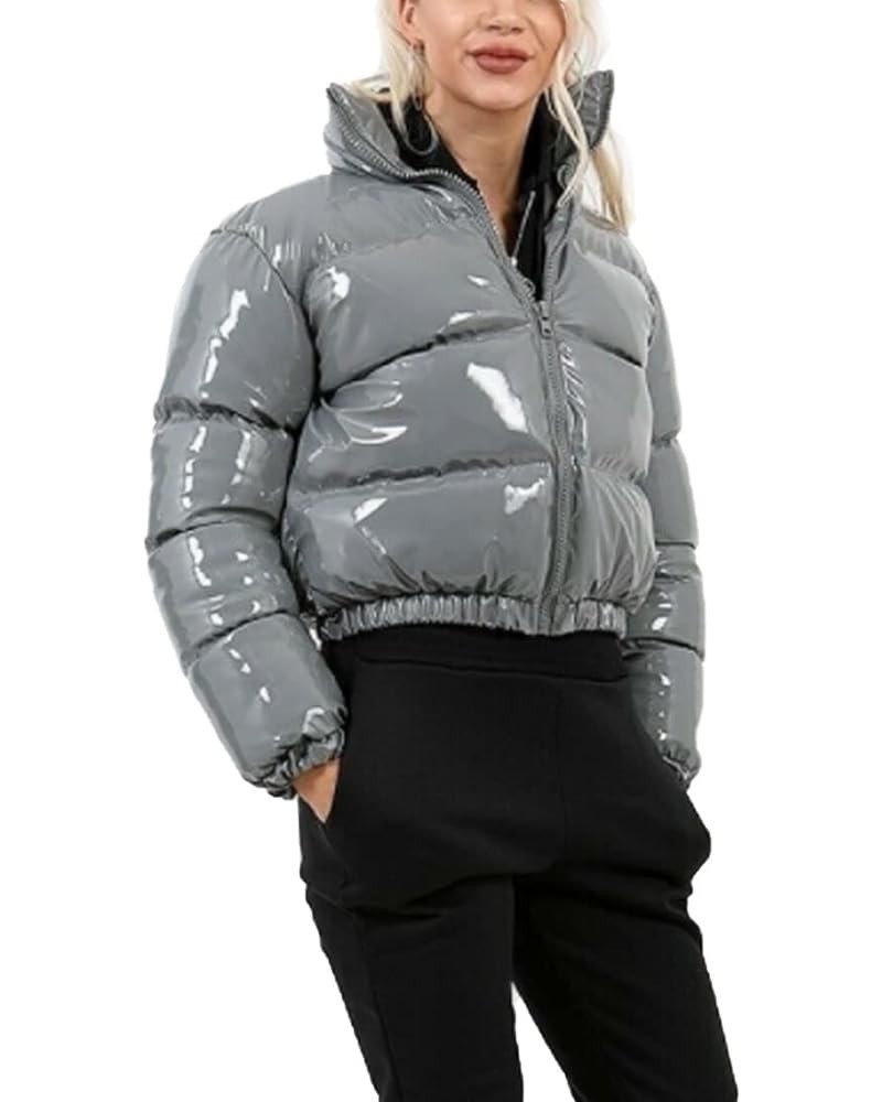 Womens Winter Metallic Crop Short Puffer Cotton-Padded Bubble Jackets Grey $23.80 Jackets