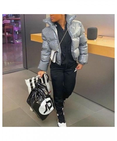 Womens Winter Metallic Crop Short Puffer Cotton-Padded Bubble Jackets Grey $23.80 Jackets