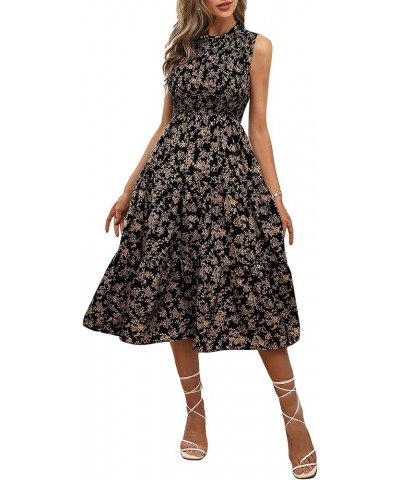 Women's Floral Sleeveless Frilled Neck A Line Ruffle Midi Dress Summer Tiered Dress Black $27.25 Dresses