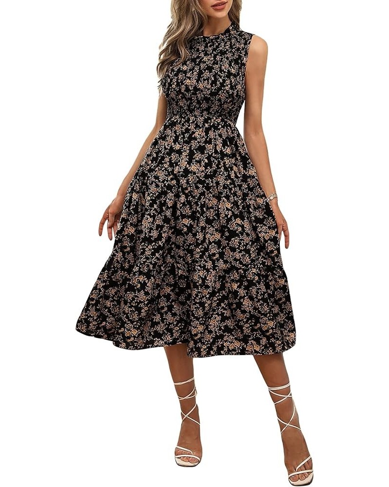 Women's Floral Sleeveless Frilled Neck A Line Ruffle Midi Dress Summer Tiered Dress Black $27.25 Dresses