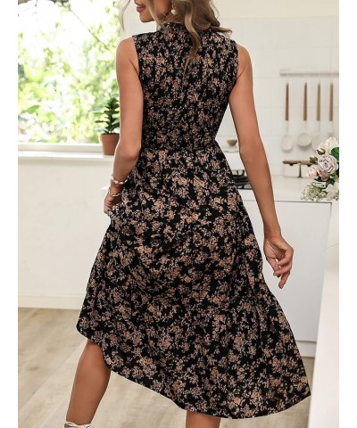 Women's Floral Sleeveless Frilled Neck A Line Ruffle Midi Dress Summer Tiered Dress Black $27.25 Dresses