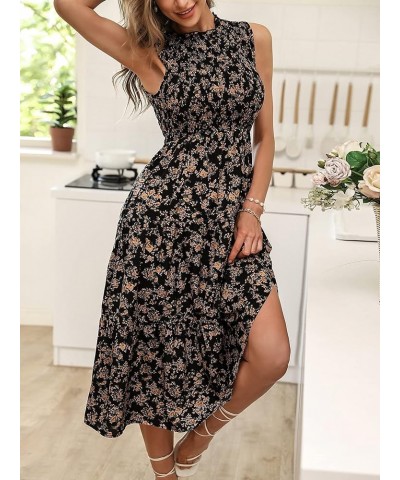 Women's Floral Sleeveless Frilled Neck A Line Ruffle Midi Dress Summer Tiered Dress Black $27.25 Dresses