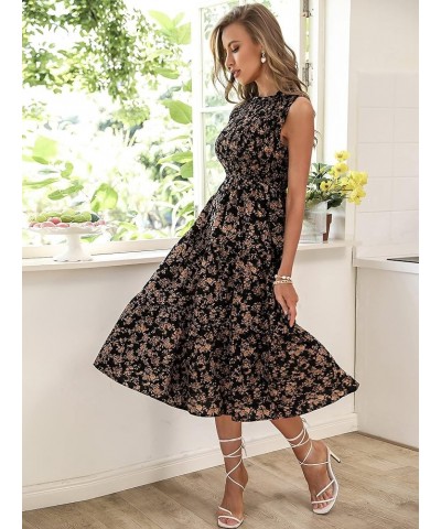 Women's Floral Sleeveless Frilled Neck A Line Ruffle Midi Dress Summer Tiered Dress Black $27.25 Dresses