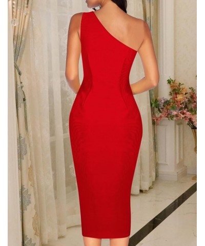 One Shoulder Stripes Bandage Dresses for Women Side Slit Club Night Dress Red $36.00 Dresses