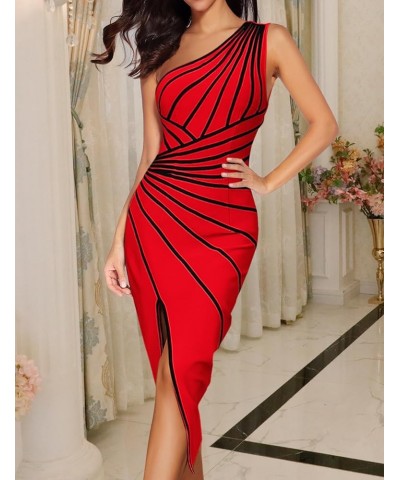 One Shoulder Stripes Bandage Dresses for Women Side Slit Club Night Dress Red $36.00 Dresses