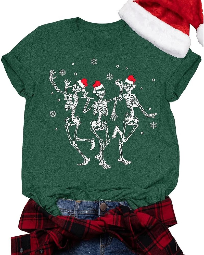 Dancing Skeleton Shirt for Women Christmas T-Shirt Xmas Skull Graphic Tees Holiday Tops Blouse Gift Green2 $11.79 T-Shirts