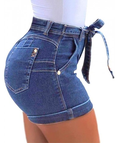 Women's High Waist Denim Shorts Casual Classic Stretchy Folded Hem Belt Washed Summer Sexy Shorts Jeans Light Blue $15.64 Shorts