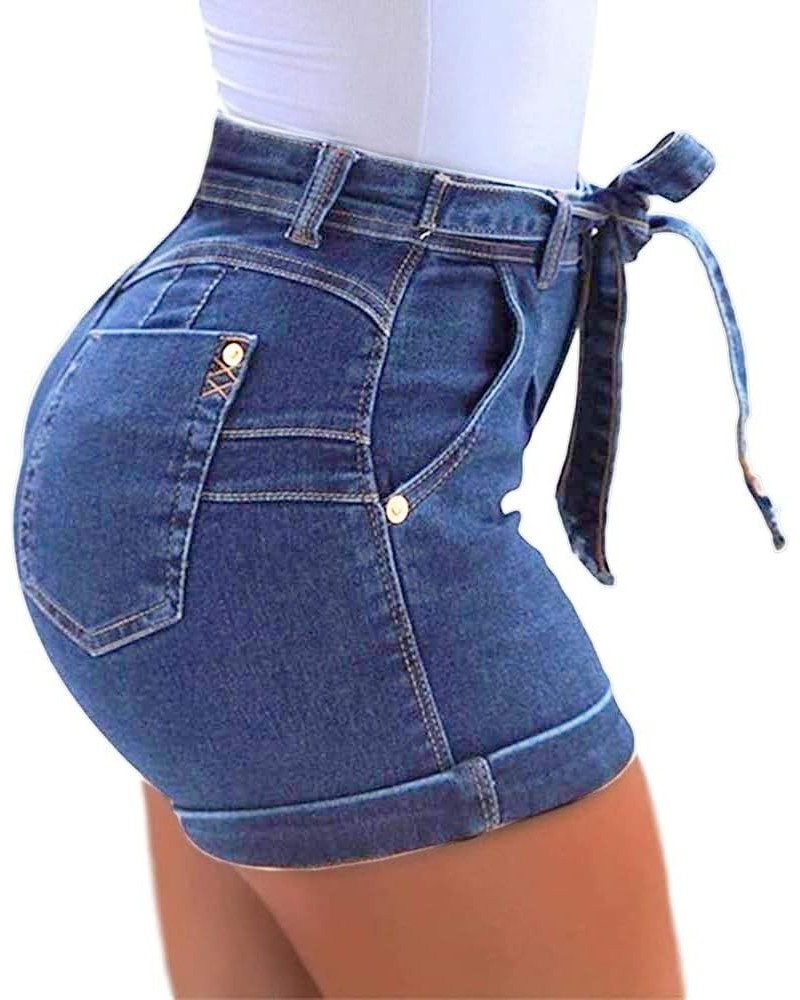 Women's High Waist Denim Shorts Casual Classic Stretchy Folded Hem Belt Washed Summer Sexy Shorts Jeans Light Blue $15.64 Shorts