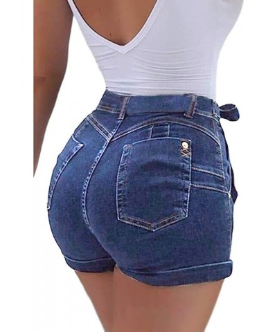 Women's High Waist Denim Shorts Casual Classic Stretchy Folded Hem Belt Washed Summer Sexy Shorts Jeans Light Blue $15.64 Shorts