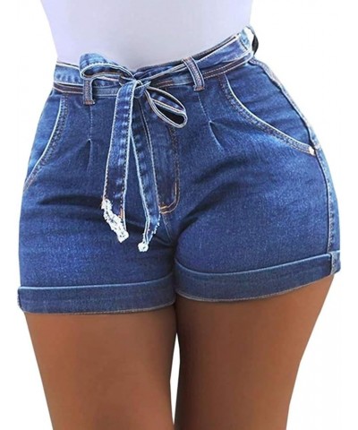 Women's High Waist Denim Shorts Casual Classic Stretchy Folded Hem Belt Washed Summer Sexy Shorts Jeans Light Blue $15.64 Shorts