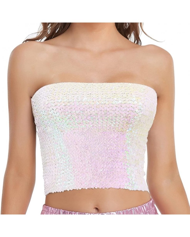 Womens Sparkly Sequin Mermaid Crop Tops, Strapless Metallic Tube Tops for Party Clubwear White $13.06 Tanks