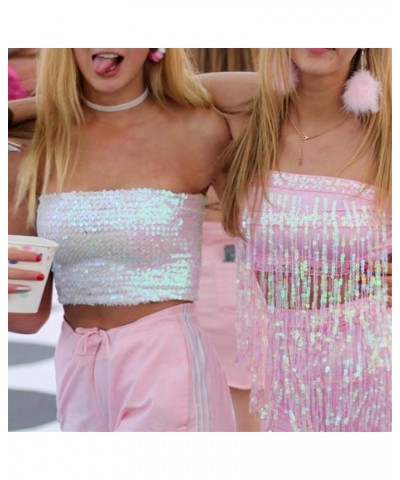 Womens Sparkly Sequin Mermaid Crop Tops, Strapless Metallic Tube Tops for Party Clubwear White $13.06 Tanks