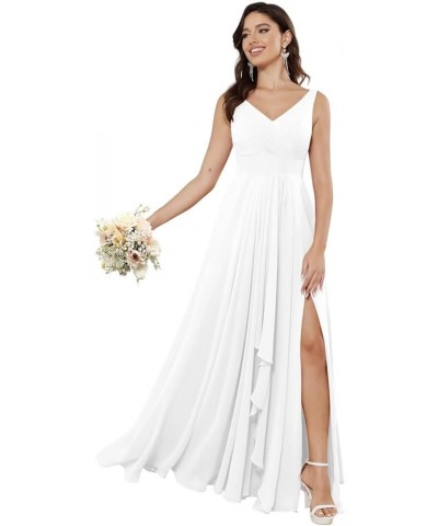 Double V Neck Ruffle Chiffon Bridesmaid Dresses Long with Slit Ruched A Line Formal Evening Dresses White $33.47 Dresses