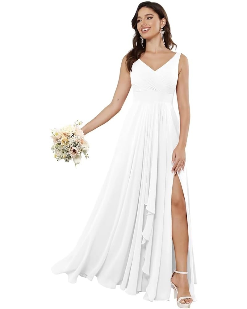 Double V Neck Ruffle Chiffon Bridesmaid Dresses Long with Slit Ruched A Line Formal Evening Dresses White $33.47 Dresses