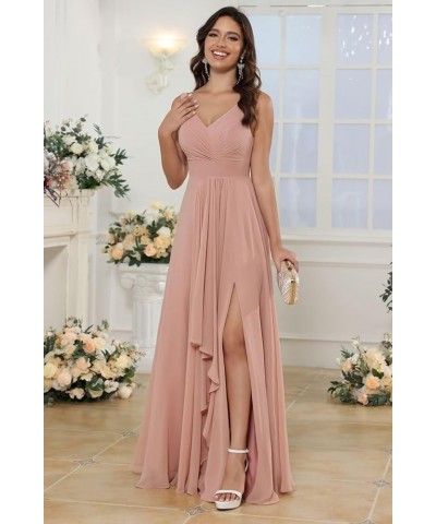 Double V Neck Ruffle Chiffon Bridesmaid Dresses Long with Slit Ruched A Line Formal Evening Dresses White $33.47 Dresses