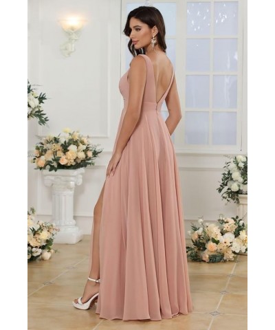 Double V Neck Ruffle Chiffon Bridesmaid Dresses Long with Slit Ruched A Line Formal Evening Dresses White $33.47 Dresses