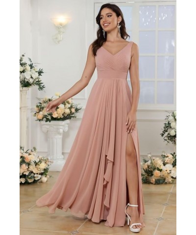 Double V Neck Ruffle Chiffon Bridesmaid Dresses Long with Slit Ruched A Line Formal Evening Dresses White $33.47 Dresses