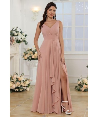 Double V Neck Ruffle Chiffon Bridesmaid Dresses Long with Slit Ruched A Line Formal Evening Dresses White $33.47 Dresses