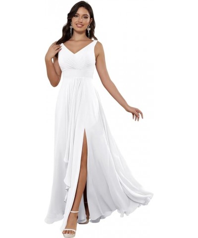 Double V Neck Ruffle Chiffon Bridesmaid Dresses Long with Slit Ruched A Line Formal Evening Dresses White $33.47 Dresses