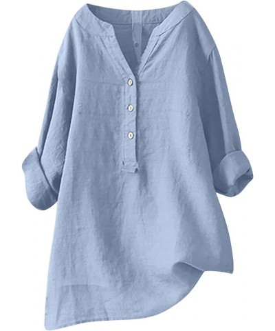 Button Down Henley Shirts for Women Long Sleeve Cotton Linen Blouses V Neck Casual Work Tunic Tops Trendy Outfits Light Blue ...