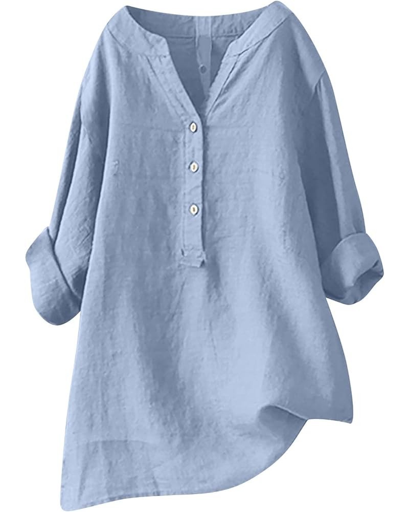 Button Down Henley Shirts for Women Long Sleeve Cotton Linen Blouses V Neck Casual Work Tunic Tops Trendy Outfits Light Blue ...