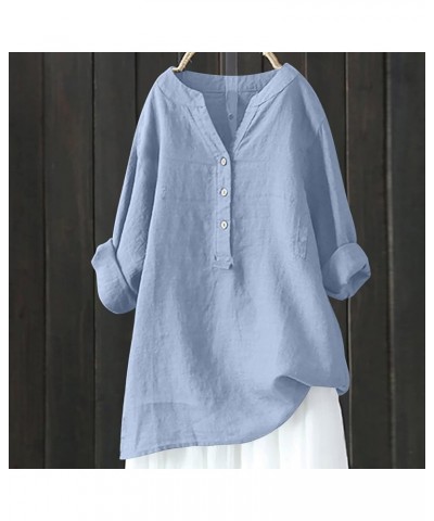 Button Down Henley Shirts for Women Long Sleeve Cotton Linen Blouses V Neck Casual Work Tunic Tops Trendy Outfits Light Blue ...