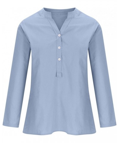 Button Down Henley Shirts for Women Long Sleeve Cotton Linen Blouses V Neck Casual Work Tunic Tops Trendy Outfits Light Blue ...