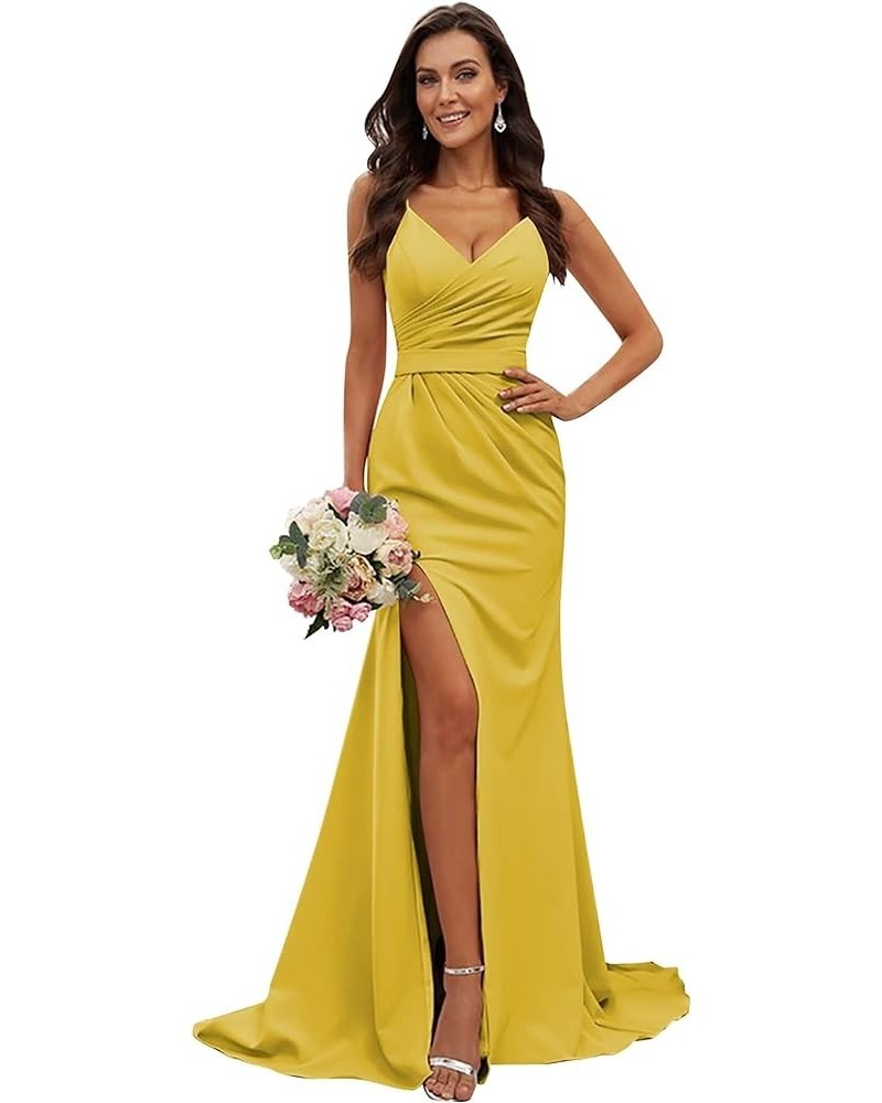 Women's Satin Bridesmaid Dresses Mermaid V-Neck Formal Evening Gowns with Slit Mustard Yellow $35.39 Dresses