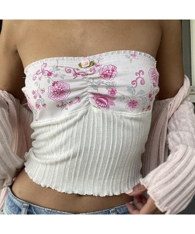 Women's Lace Trim Tube Crop Top Off Shoulder Slim Bandeau Vest Strapless Sheer Mesh Cami Tops Going Out Streetwear White-8 $6...