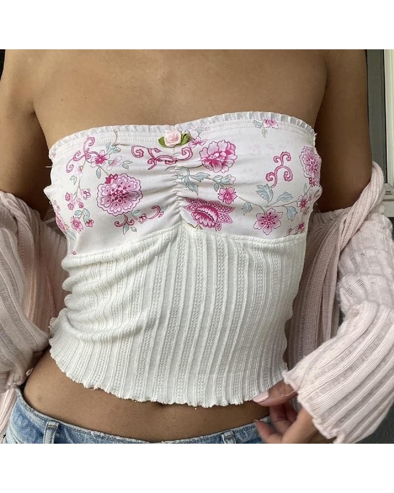 Women's Lace Trim Tube Crop Top Off Shoulder Slim Bandeau Vest Strapless Sheer Mesh Cami Tops Going Out Streetwear White-8 $6...