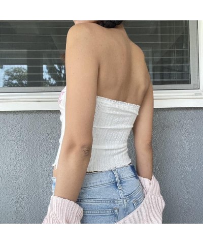 Women's Lace Trim Tube Crop Top Off Shoulder Slim Bandeau Vest Strapless Sheer Mesh Cami Tops Going Out Streetwear White-8 $6...