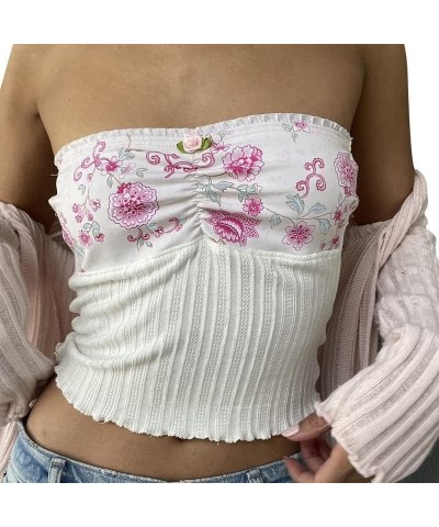 Women's Lace Trim Tube Crop Top Off Shoulder Slim Bandeau Vest Strapless Sheer Mesh Cami Tops Going Out Streetwear White-8 $6...