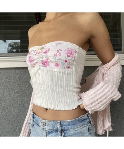 Women's Lace Trim Tube Crop Top Off Shoulder Slim Bandeau Vest Strapless Sheer Mesh Cami Tops Going Out Streetwear White-8 $6...