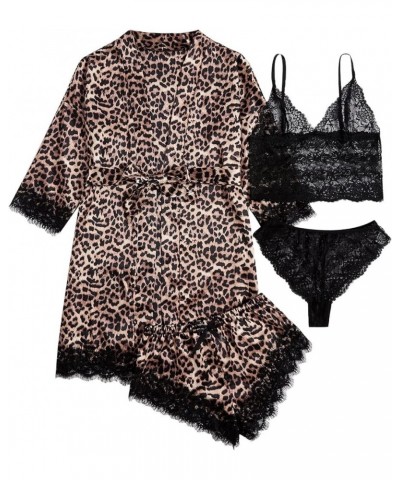 Women' Silk Satin Pajamas Set 4pcs Lingerie Floral Lace Cami Sleepwear with Robe Black Leopard $16.50 Sleep & Lounge