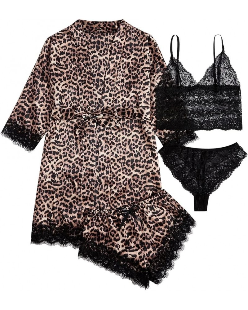 Women' Silk Satin Pajamas Set 4pcs Lingerie Floral Lace Cami Sleepwear with Robe Black Leopard $16.50 Sleep & Lounge