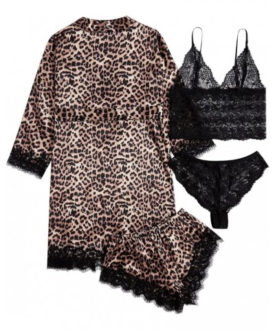 Women' Silk Satin Pajamas Set 4pcs Lingerie Floral Lace Cami Sleepwear with Robe Black Leopard $16.50 Sleep & Lounge