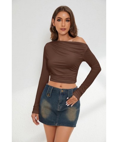 Women Sexy Off Shoulder Ruched Long Sleeve Crop Top Y2K Solid Slim Fit Pleated Crop Tshirt Tee Shirts Tops Coffee $10.00 T-Sh...