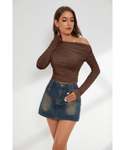 Women Sexy Off Shoulder Ruched Long Sleeve Crop Top Y2K Solid Slim Fit Pleated Crop Tshirt Tee Shirts Tops Coffee $10.00 T-Sh...