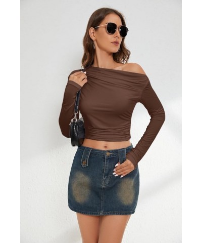 Women Sexy Off Shoulder Ruched Long Sleeve Crop Top Y2K Solid Slim Fit Pleated Crop Tshirt Tee Shirts Tops Coffee $10.00 T-Sh...