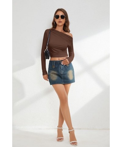 Women Sexy Off Shoulder Ruched Long Sleeve Crop Top Y2K Solid Slim Fit Pleated Crop Tshirt Tee Shirts Tops Coffee $10.00 T-Sh...