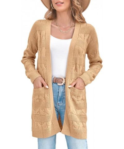 Womens Open Front Cardigan Sweaters Long Sleeve Cable Knit Chunky Outwear Coats with Pocket Khaki $10.82 Sweaters