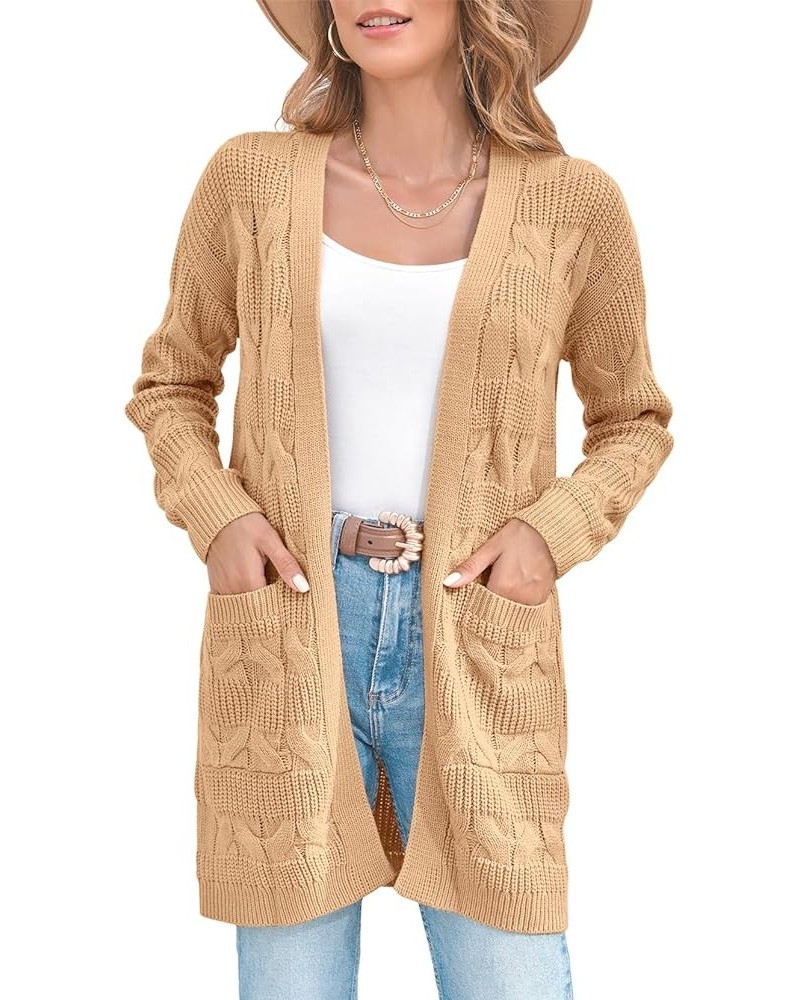 Womens Open Front Cardigan Sweaters Long Sleeve Cable Knit Chunky Outwear Coats with Pocket Khaki $10.82 Sweaters