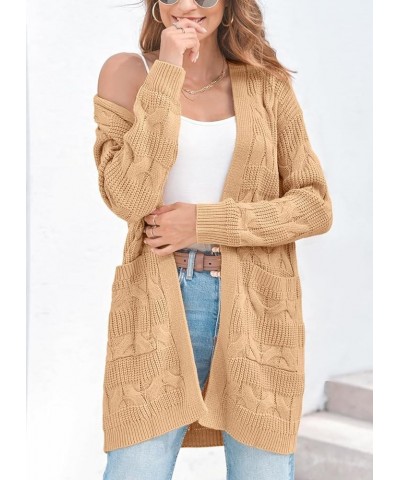 Womens Open Front Cardigan Sweaters Long Sleeve Cable Knit Chunky Outwear Coats with Pocket Khaki $10.82 Sweaters