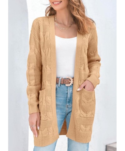 Womens Open Front Cardigan Sweaters Long Sleeve Cable Knit Chunky Outwear Coats with Pocket Khaki $10.82 Sweaters