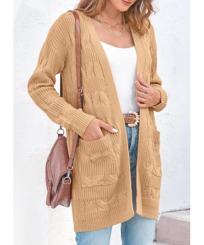 Womens Open Front Cardigan Sweaters Long Sleeve Cable Knit Chunky Outwear Coats with Pocket Khaki $10.82 Sweaters