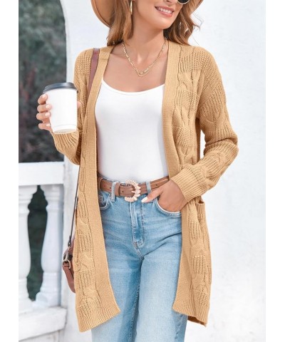 Womens Open Front Cardigan Sweaters Long Sleeve Cable Knit Chunky Outwear Coats with Pocket Khaki $10.82 Sweaters