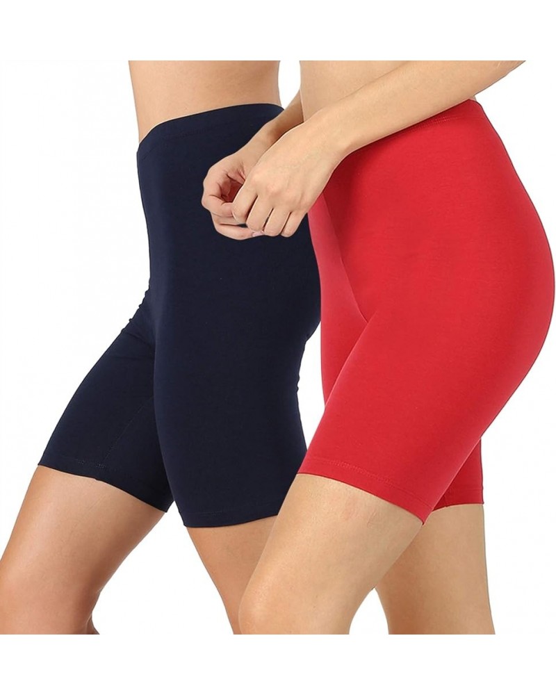 Womens & Plus Soft Cotton Stretch Knee Length Fitness Sport Biker Shorts Leggings Navy/Red (2pack) $11.68 Activewear